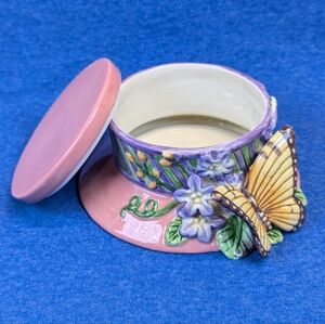 Vintage Fitz & Floyd Essentials Pink Derby Hat & Butterfly Trinket Dish Box